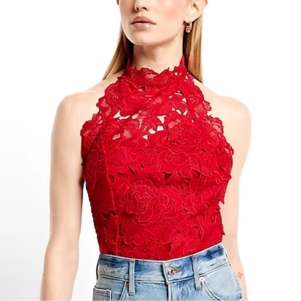 Express Red Lace Halter Bodysuit